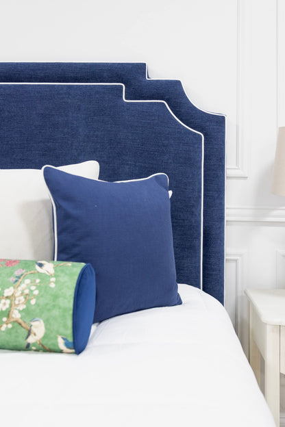 The Martha King Platform Bed - Upholstered Legs - Crypton Fabric in Navy Blue - White Trim