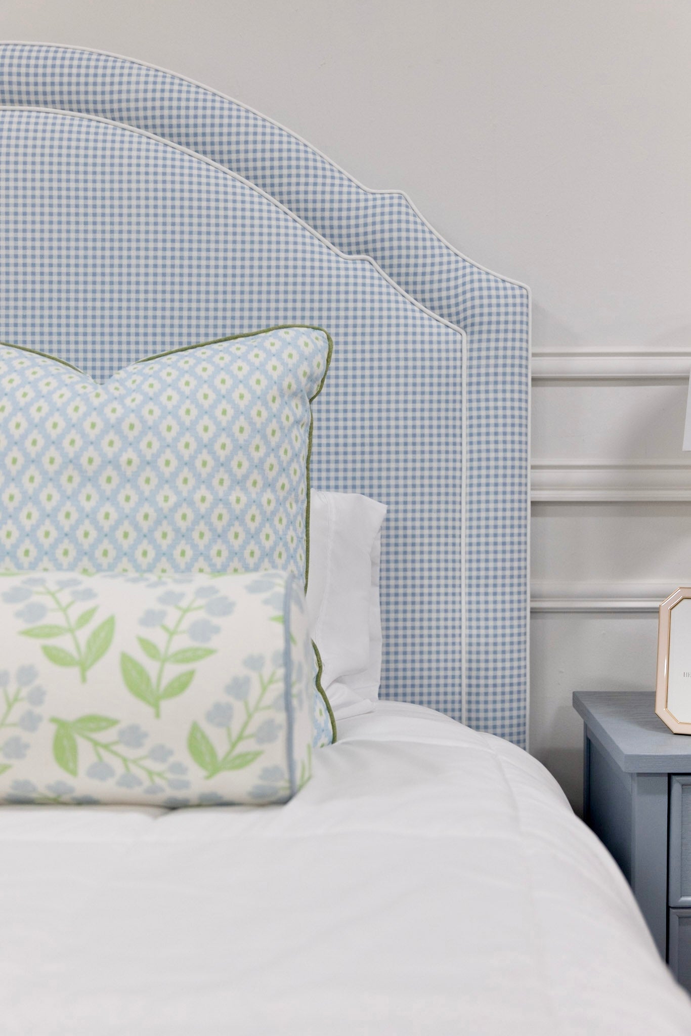 The Grace Queen Bed - Blue Gingham Fabric - White Trim
