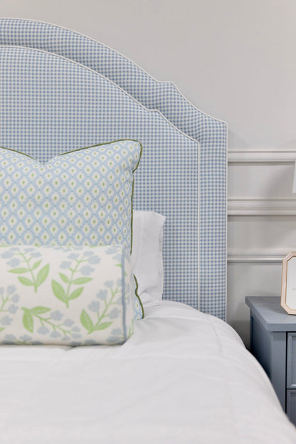 The Grace Queen Bed - Blue Gingham Fabric - White Trim