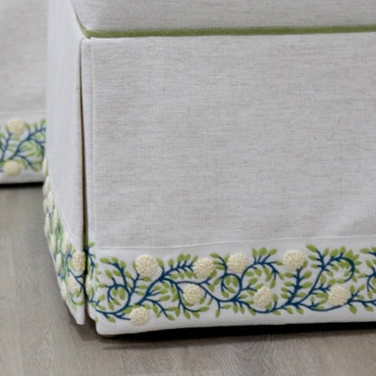 Custom Upholstered Skirted Banquette – Crypton Off-White Fabric, Pistachio Green Trim
