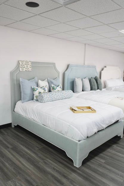65"H Queen Upholstered Platform Bed - Scalloped Legs - Alissa Aqua Woven Fabric with White Trim
