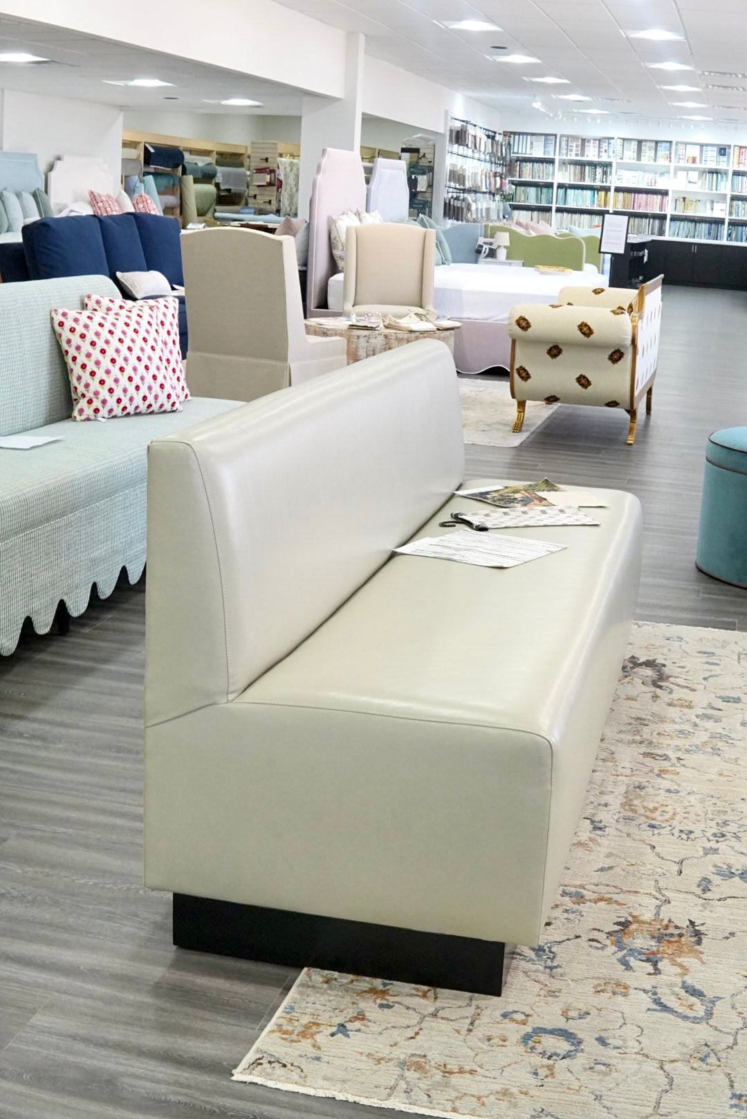 84"L Custom Banquette in Faux Leather - Custom Wooden Stained Base