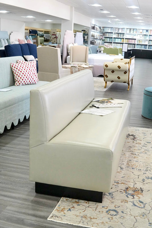84"L Custom Banquette in Faux Leather - Custom Wooden Stained Base
