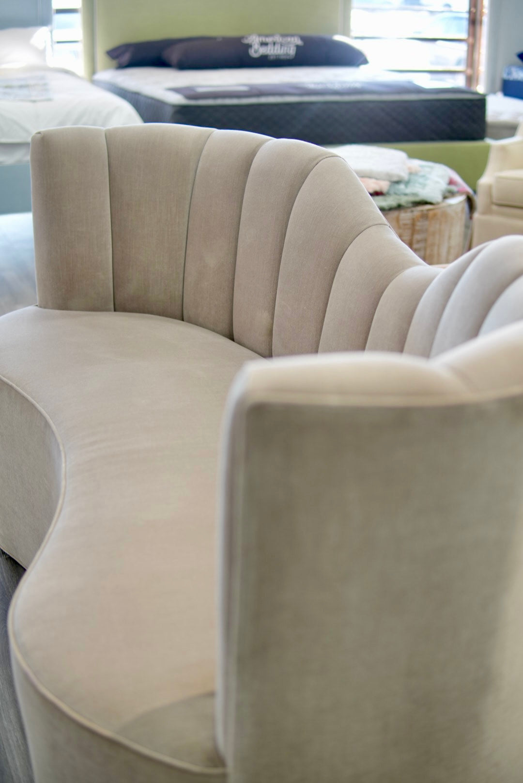 72" L Curved Loveseat Channeled Banquette