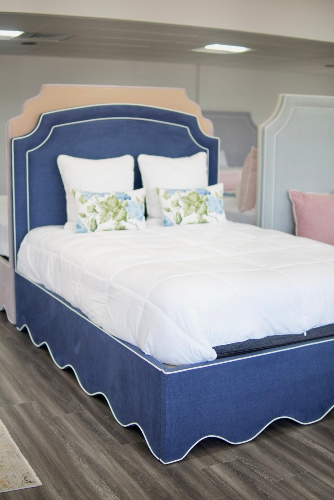 60"H Queen Upholstered Platform Bed - Scalloped Base - Navy Woven Fabric with White Trim