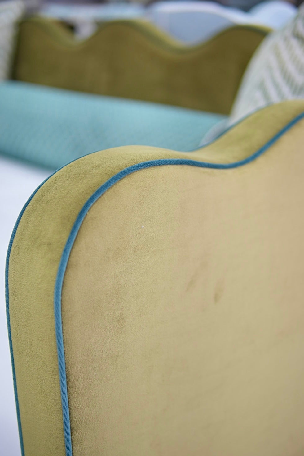 Twin Trundle Daybed - Scalloped - Green Velvet with Turquoise Trim