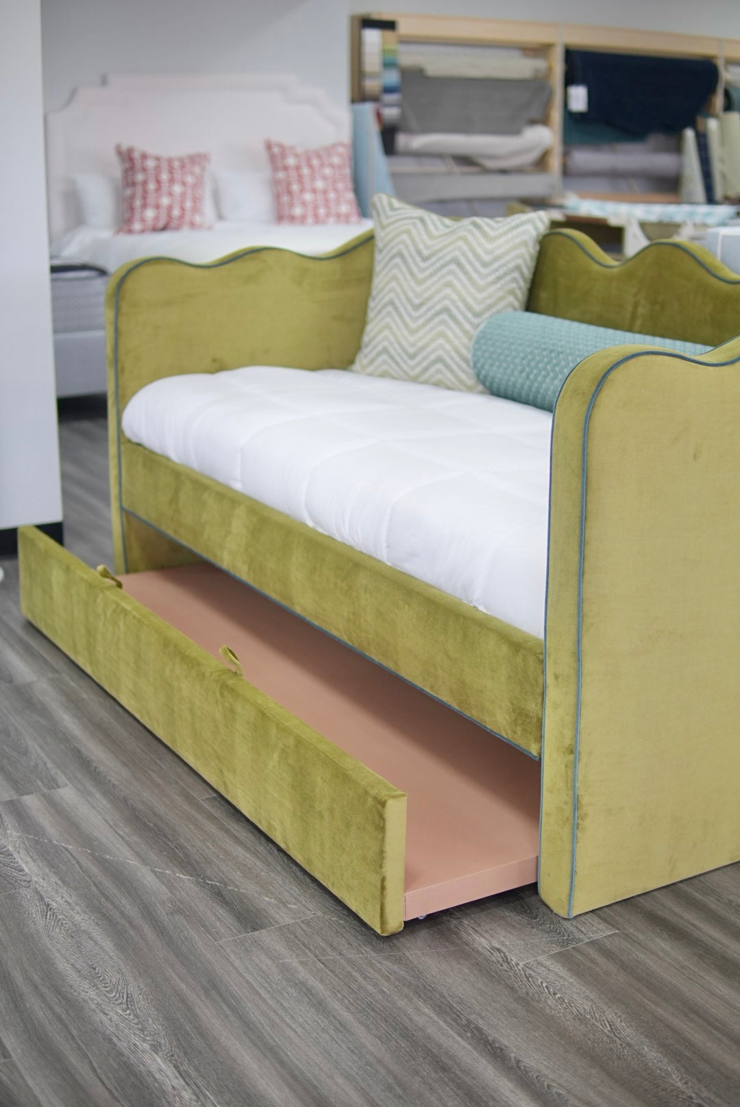 Twin Trundle Daybed - Scalloped - Green Velvet with Turquoise Trim