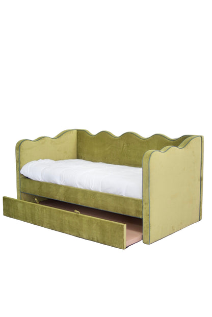 Twin Trundle Daybed - Scalloped - Green Velvet with Turquoise Trim