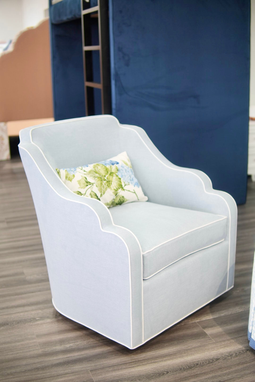 Custom Scalloped Swivel Chair: Sky Blue woven Fabric