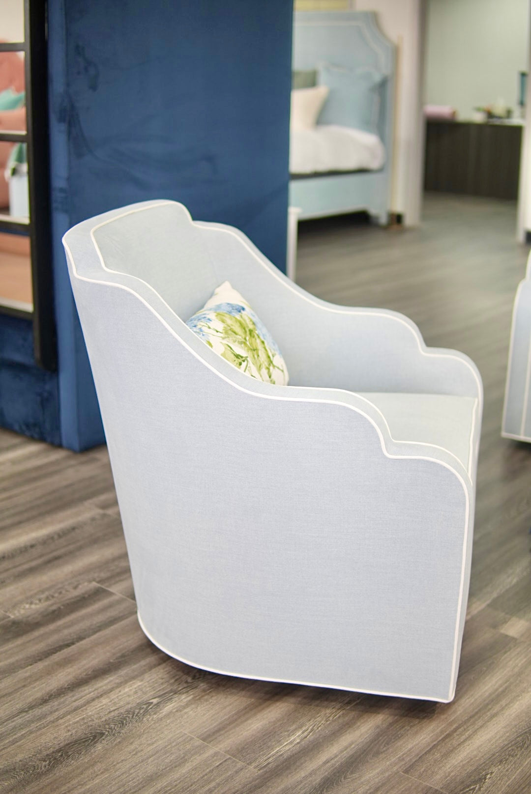 Custom Scalloped Swivel Chair: Sky Blue woven Fabric