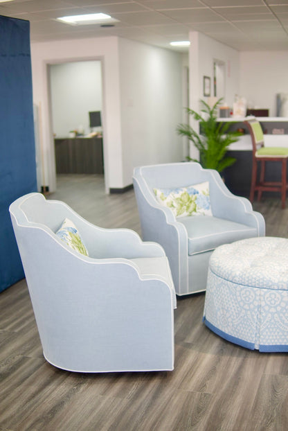 Custom Scalloped Swivel Chair: Sky Blue woven Fabric