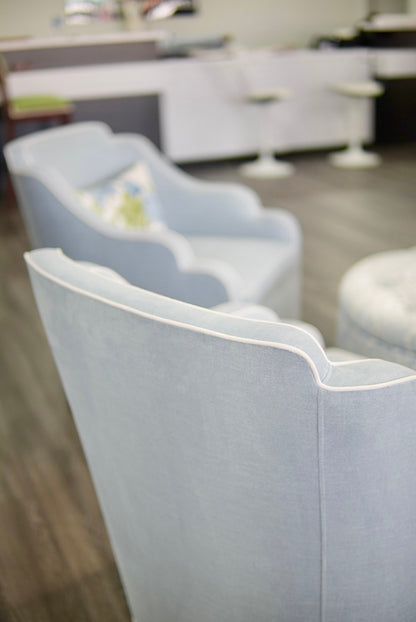 Custom Scalloped Swivel Chair: Sky Blue woven Fabric