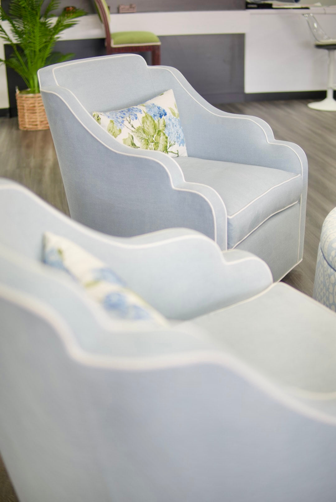 Custom Scalloped Swivel Chair: Sky Blue woven Fabric