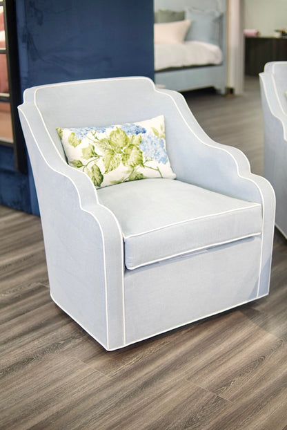 Custom Scalloped Swivel Chair: Sky Blue woven Fabric