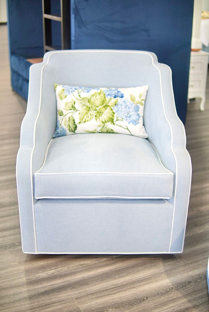 Custom Scalloped Swivel Chair: Sky Blue woven Fabric