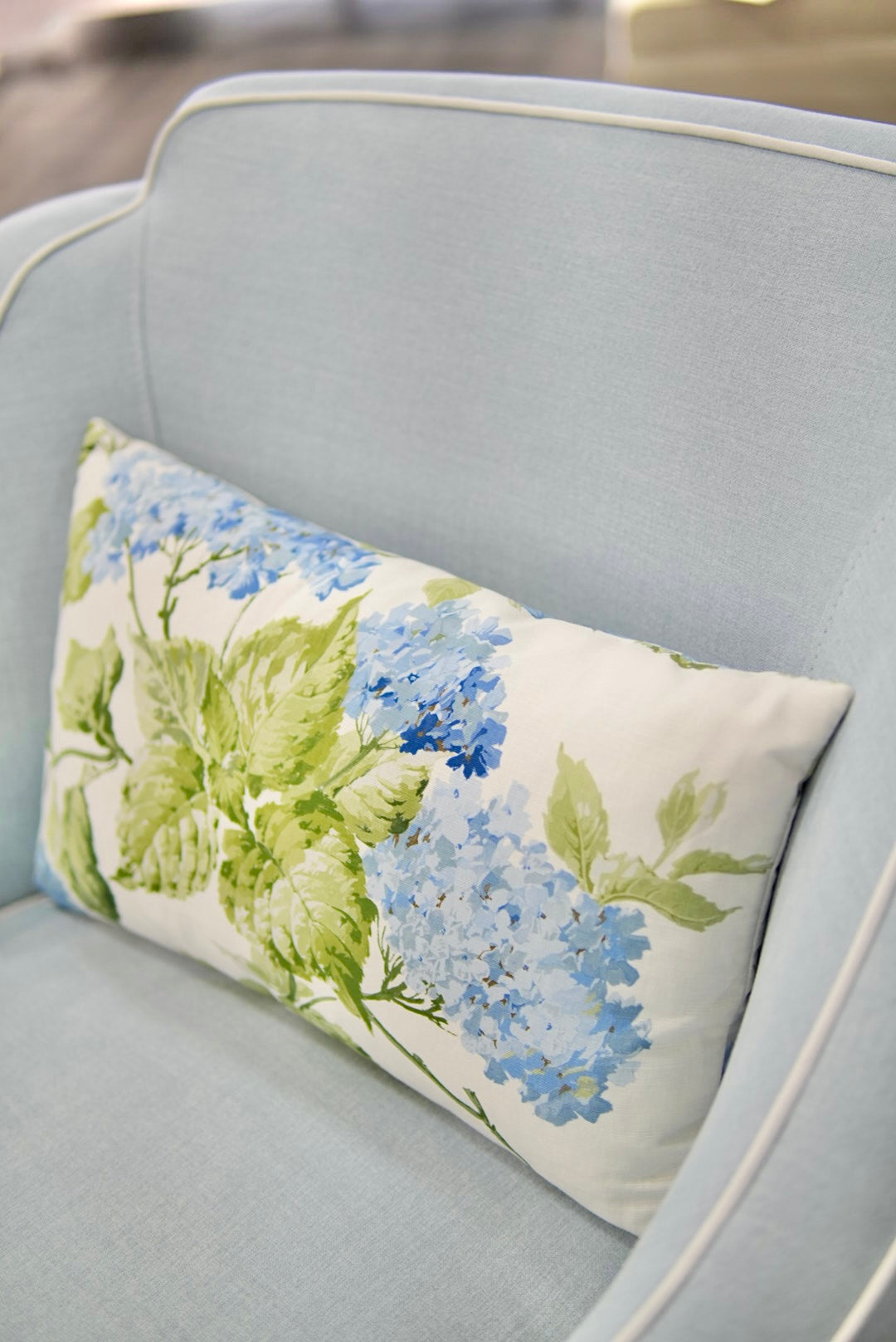 Custom Scalloped Swivel Chair: Sky Blue woven Fabric