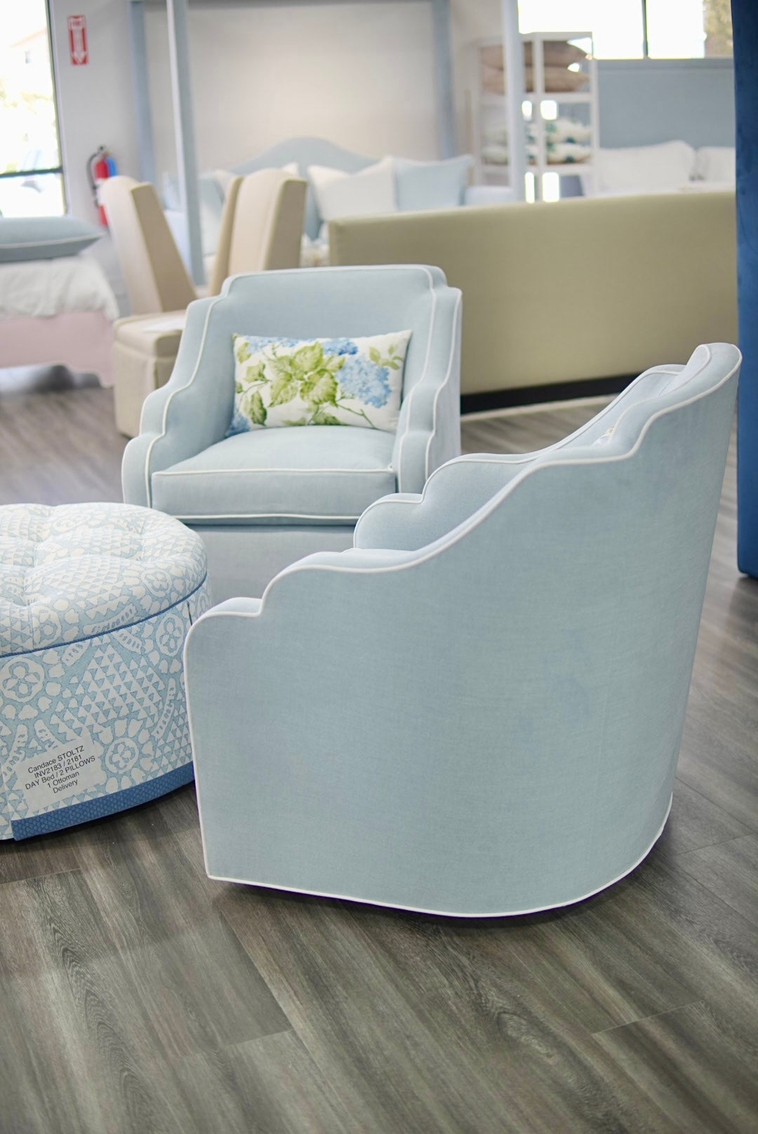 Custom Scalloped Swivel Chair: Sky Blue woven Fabric