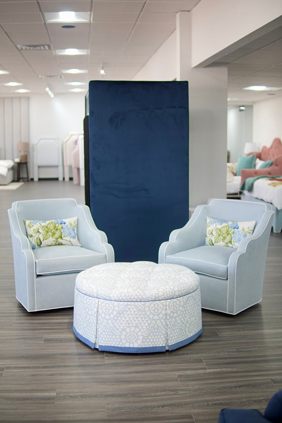 Custom Scalloped Swivel Chair: Sky Blue woven Fabric
