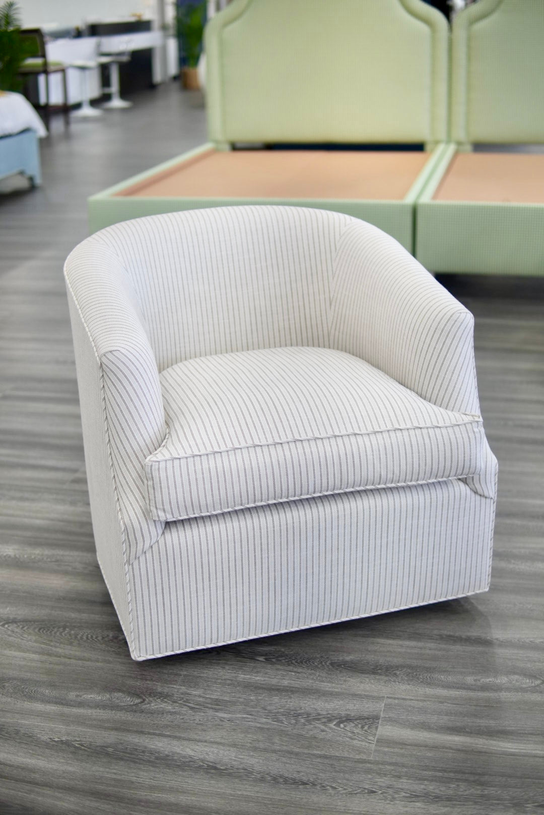 Custom Swivel Chair - Striped Brown Upholstery Fabric