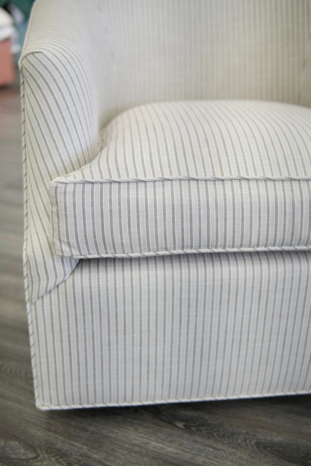 Custom Swivel Chair - Striped Brown Upholstery Fabric