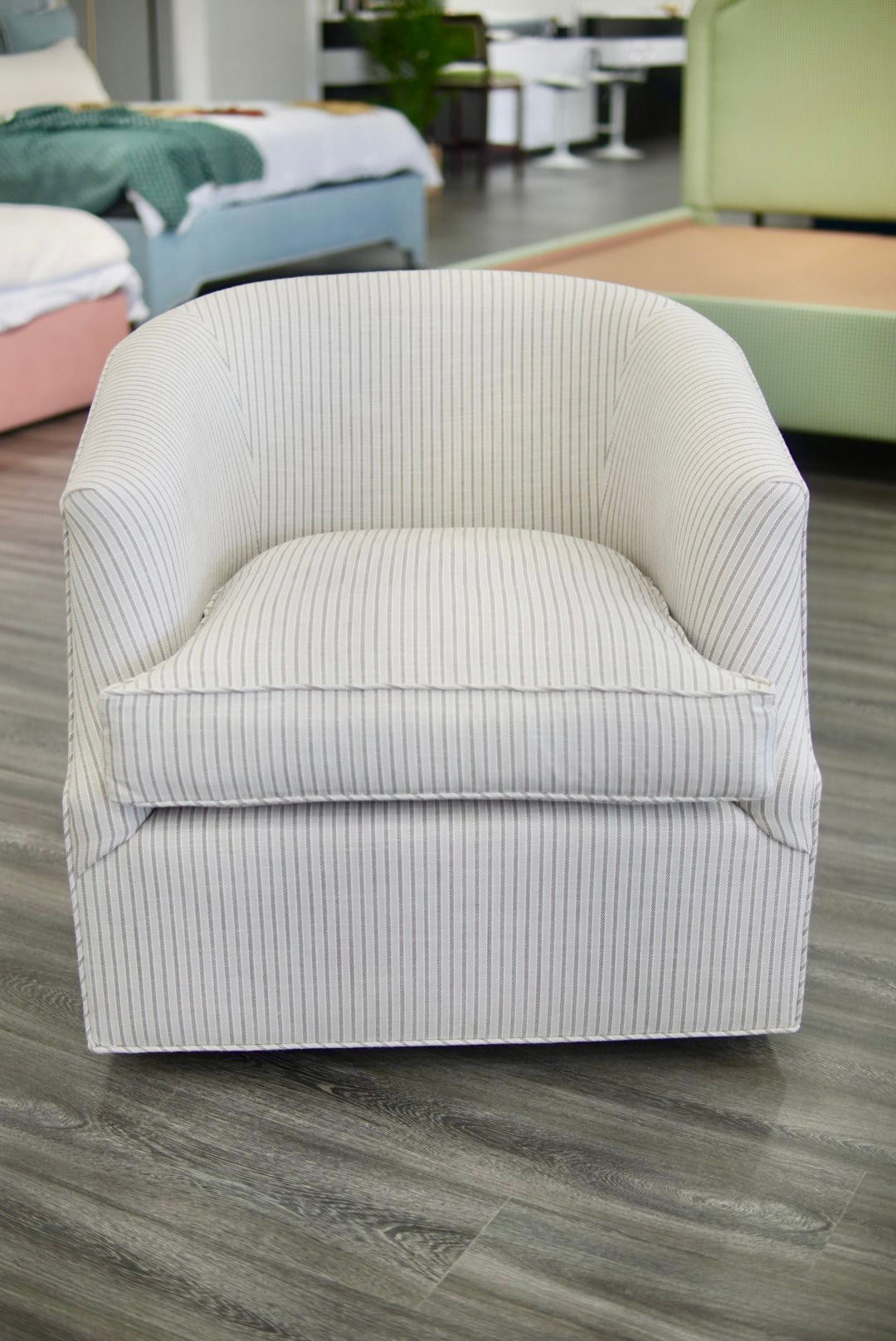 Custom Swivel Chair - Striped Brown Upholstery Fabric