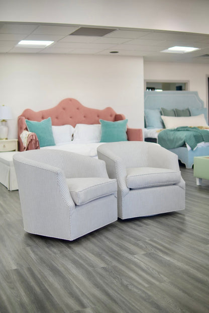 Custom Swivel Chair - Striped Brown Upholstery Fabric