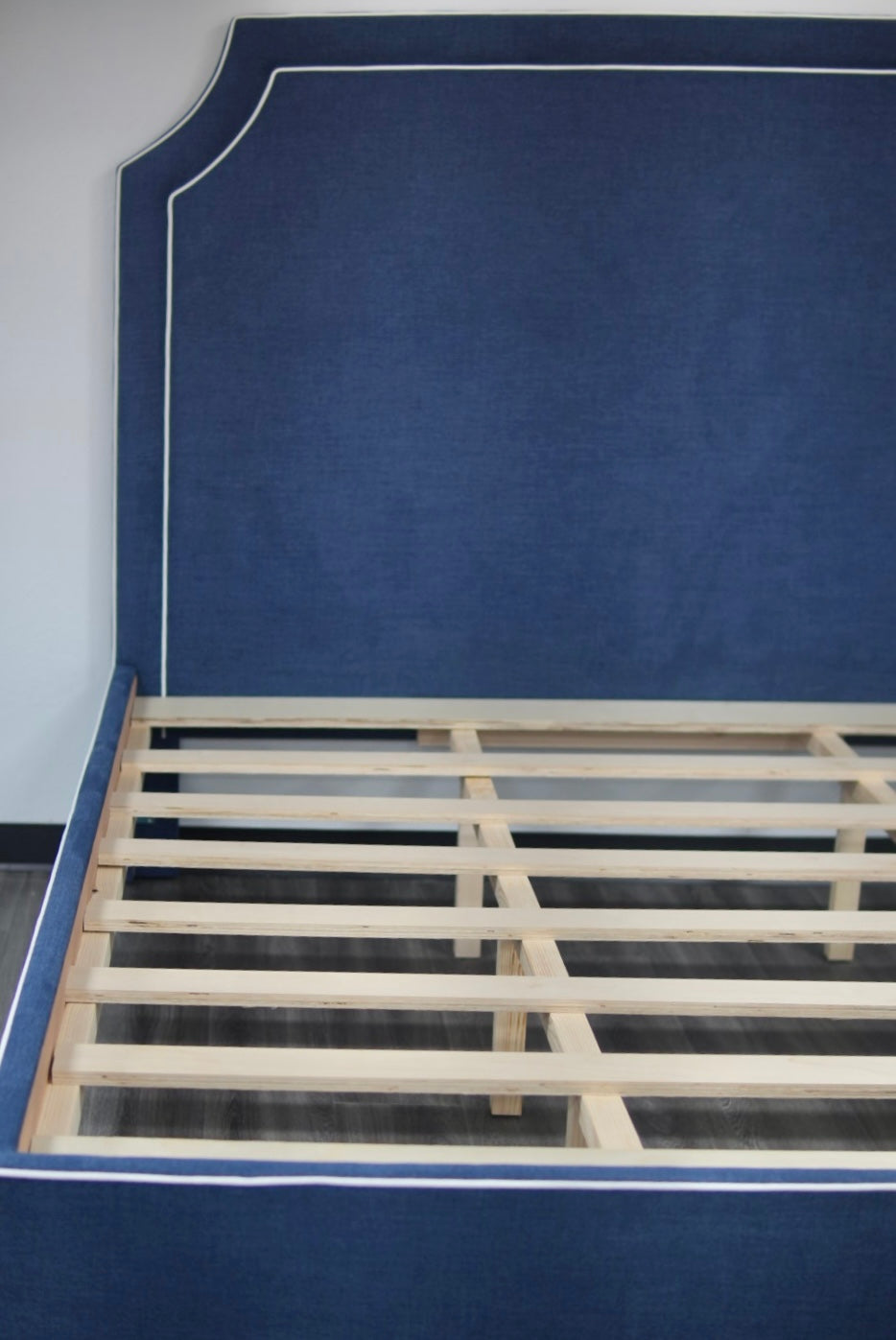 65"H King Upholstered Platform Bed - Scalloped Legs - Navy Woven Fabric with White Trim