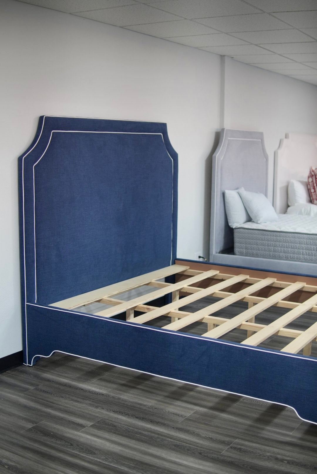 65"H King Bed  - Navy Blue Woven Fabric