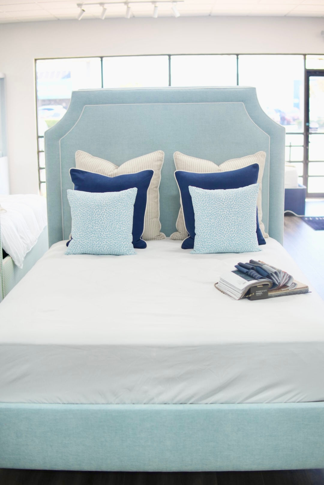 65”H Queen Platform Bed - Seafoam Blue Chenille Fabric with White Trim