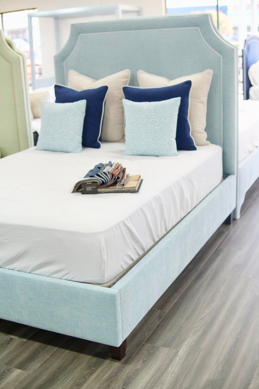 65”H Queen Platform Bed - Seafoam Blue Chenille Fabric with White Trim