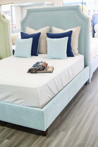 65”H Queen Platform Bed - Seafoam Blue Chenille Fabric with White Trim