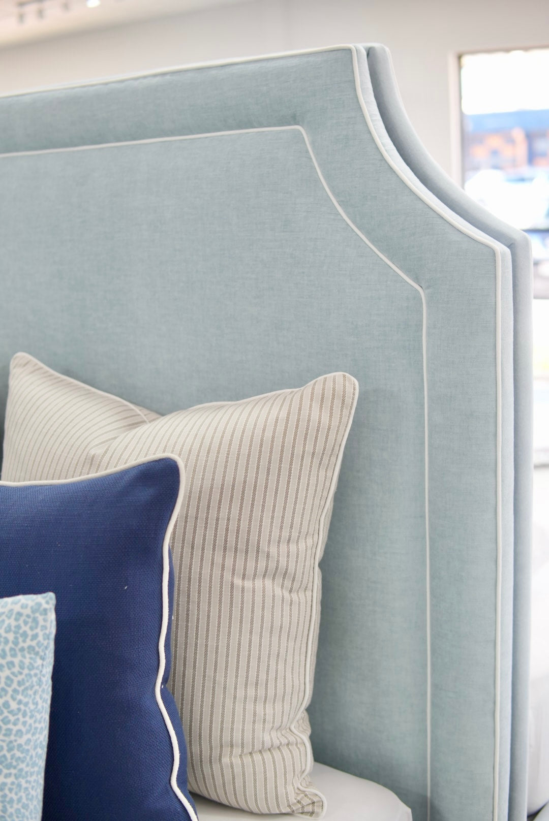 65”H Queen Platform Bed - Seafoam Blue Chenille Fabric with White Trim