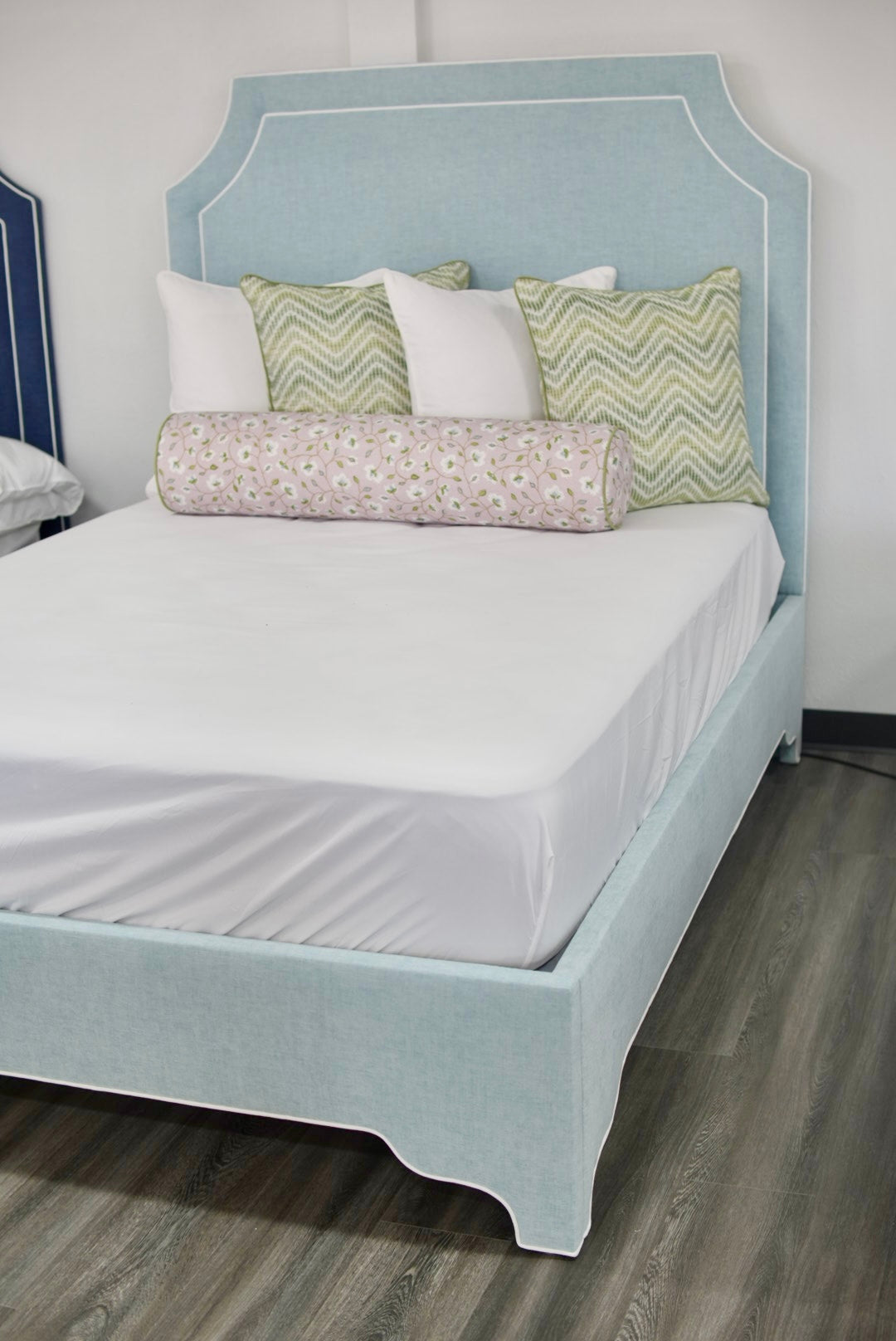 65”H Queen Platform Bed - Seafoam Blue Chenille Fabric with White Trim (Copy)