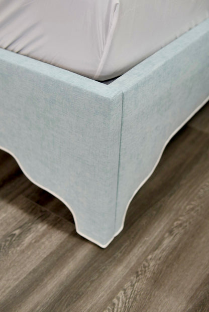 65”H Queen Platform Bed - Seafoam Blue Chenille Fabric with White Trim (Copy)