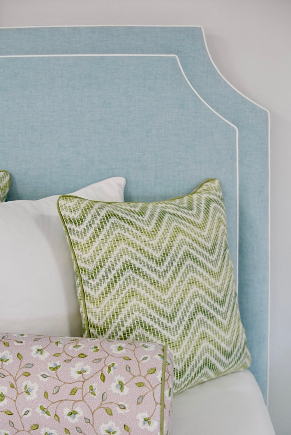 65”H Queen Platform Bed - Seafoam Blue Chenille Fabric with White Trim (Copy)