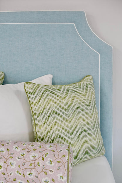 65”H Queen Platform Bed - Seafoam Blue Chenille Fabric with White Trim (Copy)