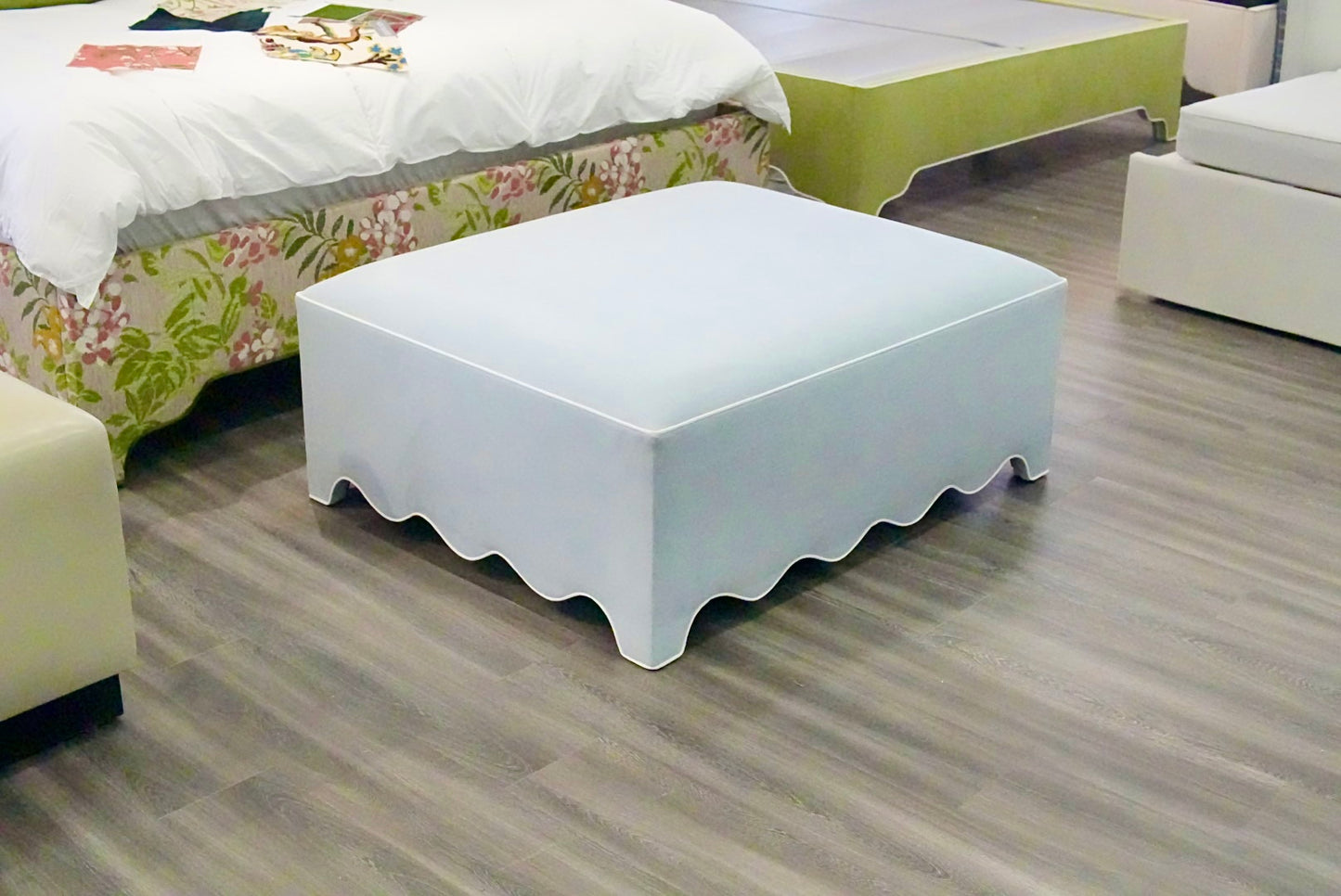 Scalloped Ottoman / Coffee table in Sky Blue Woven Fabric - White Trim
