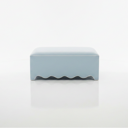 Scalloped Ottoman / Coffee table in Sky Blue Woven Fabric - White Trim
