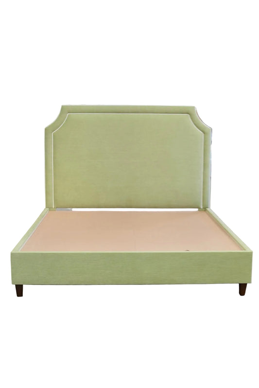 65" H King Upholstered Platform Bed - Brown Wooden Legs - Pistachio Green Woven Fabric with White Trim