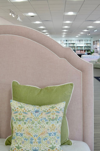 60" H Queen Upholstered Platform Bed - Pale Pink Chenille Fabric with White Trim