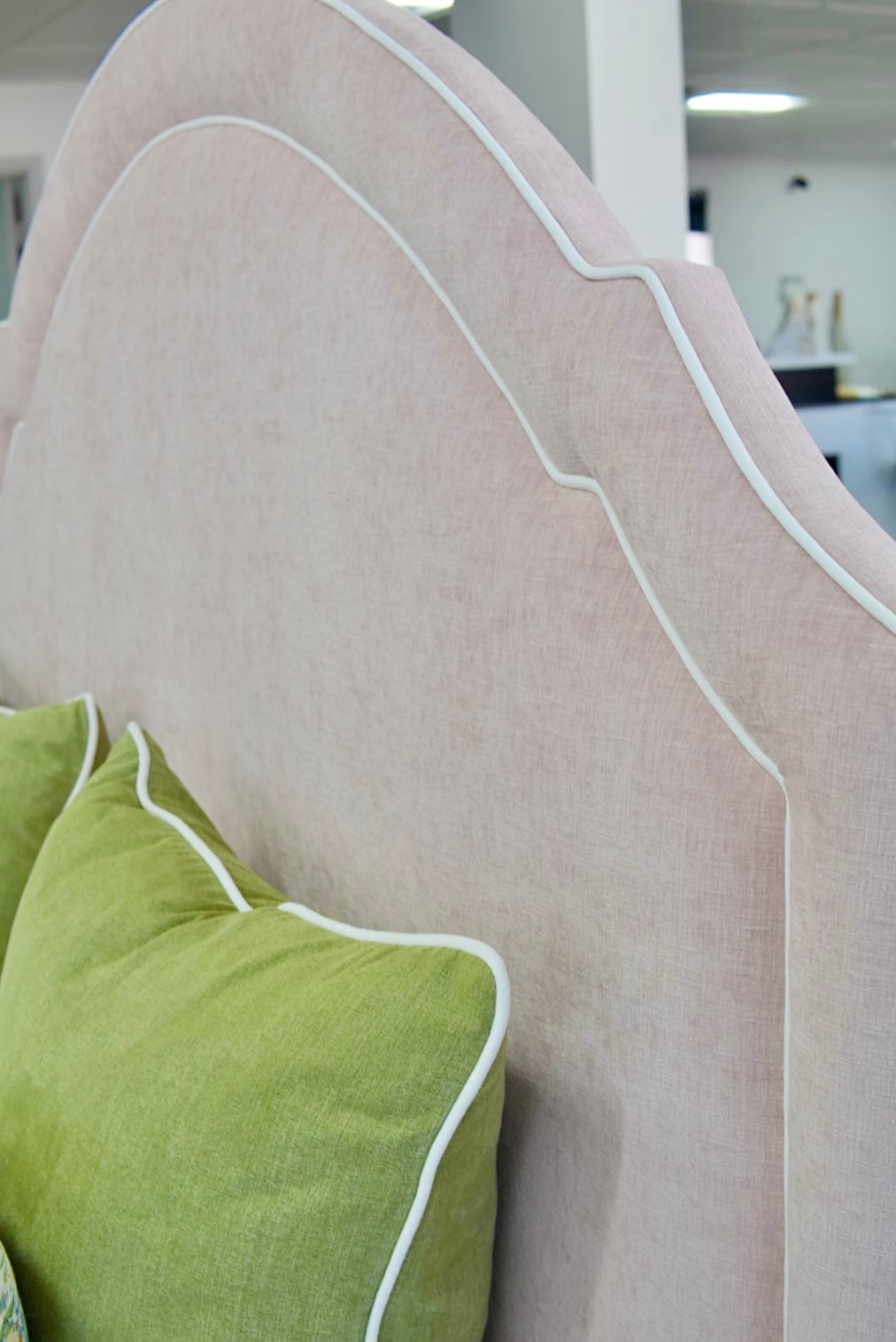 60" H Queen Upholstered Platform Bed - Pale Pink Chenille Fabric with White Trim