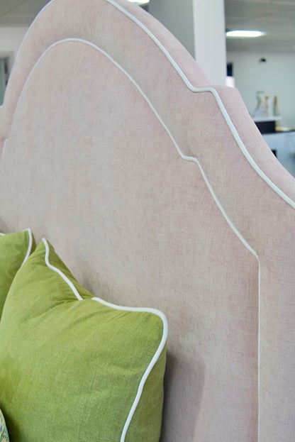 60" H Queen Upholstered Platform Bed - Pale Pink Chenille Fabric with White Trim