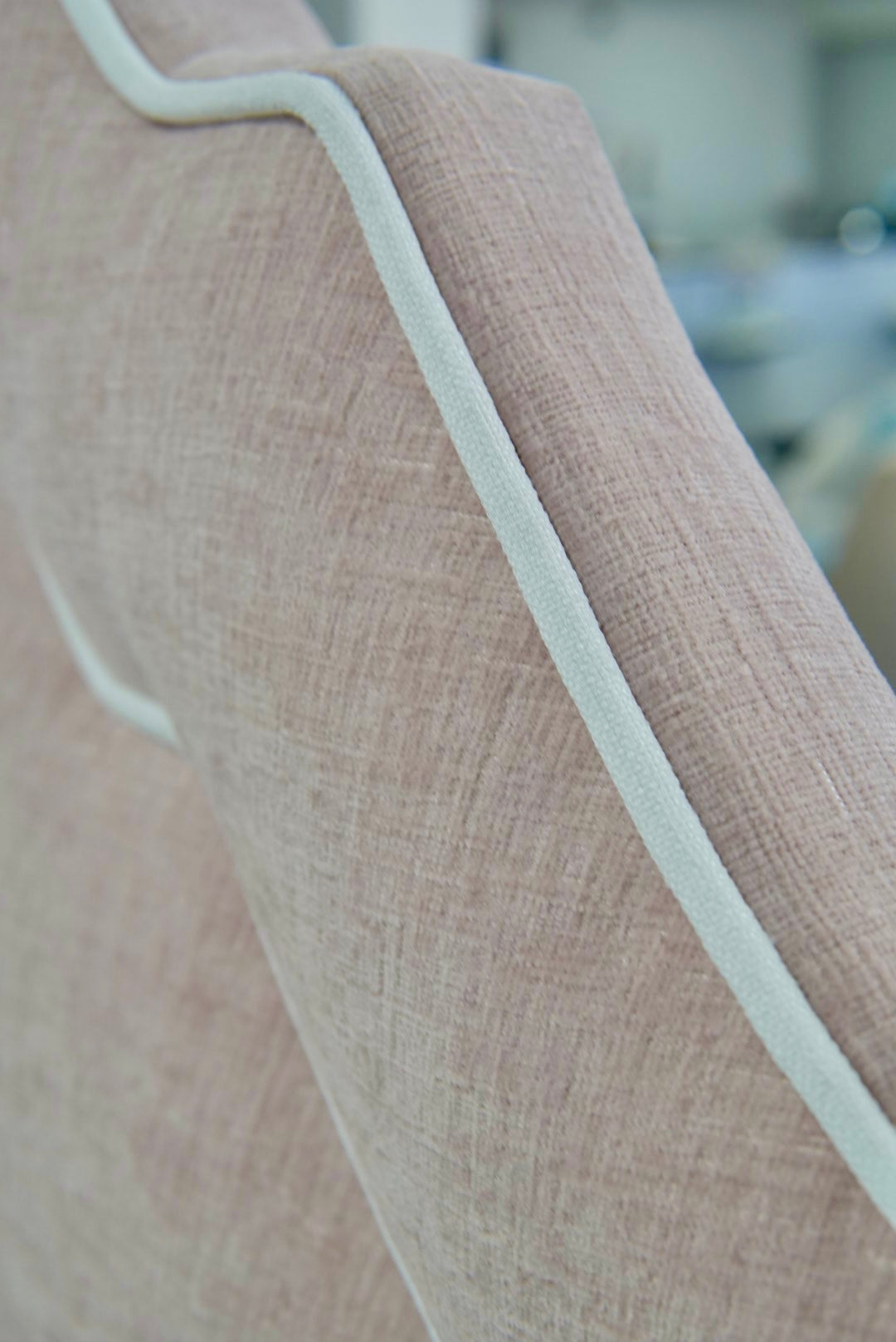 60" H Queen Upholstered Platform Bed - Pale Pink Chenille Fabric with White Trim