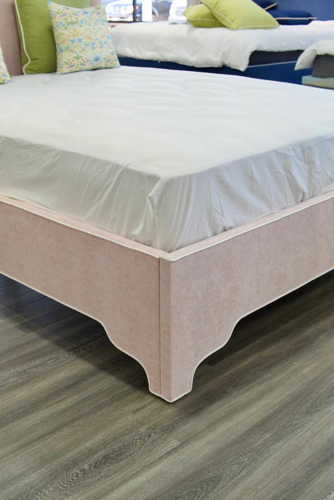 60" H Queen Upholstered Platform Bed - Pale Pink Chenille Fabric with White Trim