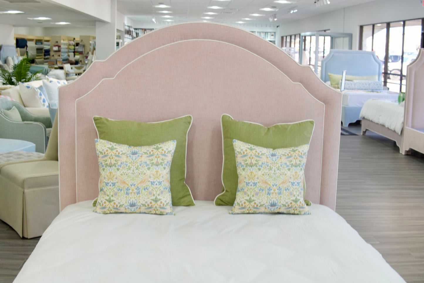 60" H Queen Upholstered Platform Bed - Pale Pink Chenille Fabric with White Trim