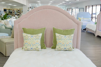 60" H Queen Upholstered Platform Bed - Pale Pink Chenille Fabric with White Trim