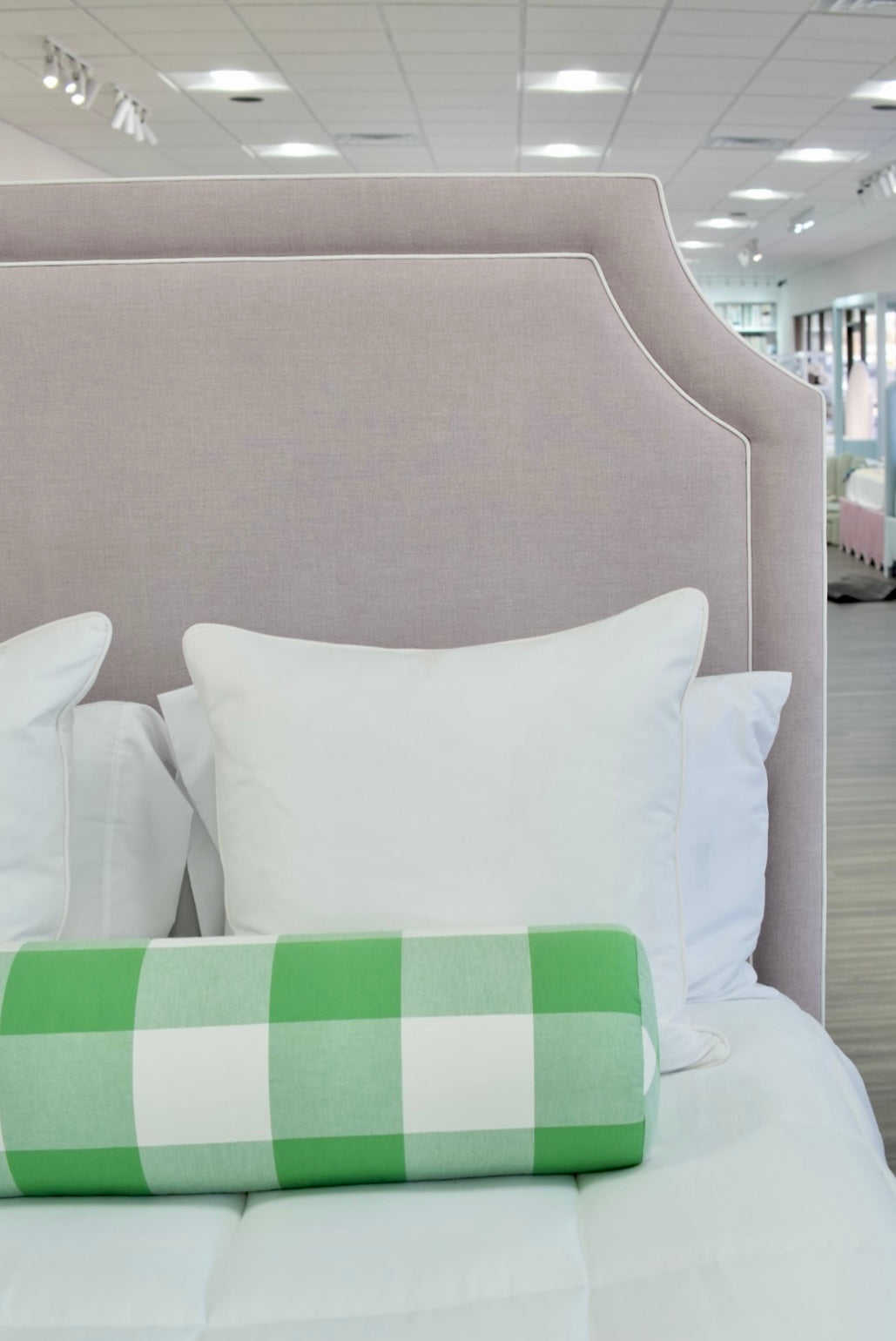 65”H Queen Upholstered Platform Bed - Lilac Woven - White Trim