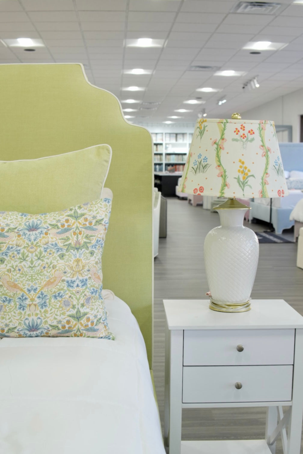 65”H Queen Upholstered Platform Bed - Pear Green Woven - White Trim