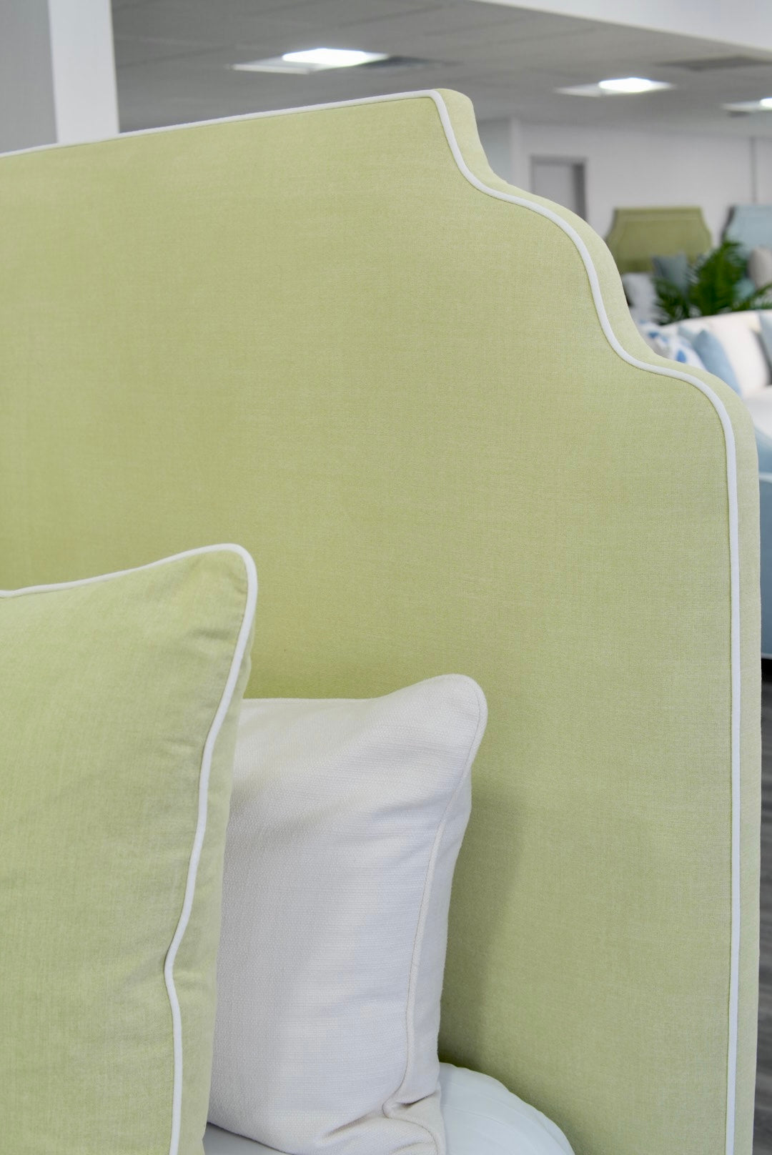 65”H Queen Upholstered Platform Bed - Pear Green Woven - White Trim