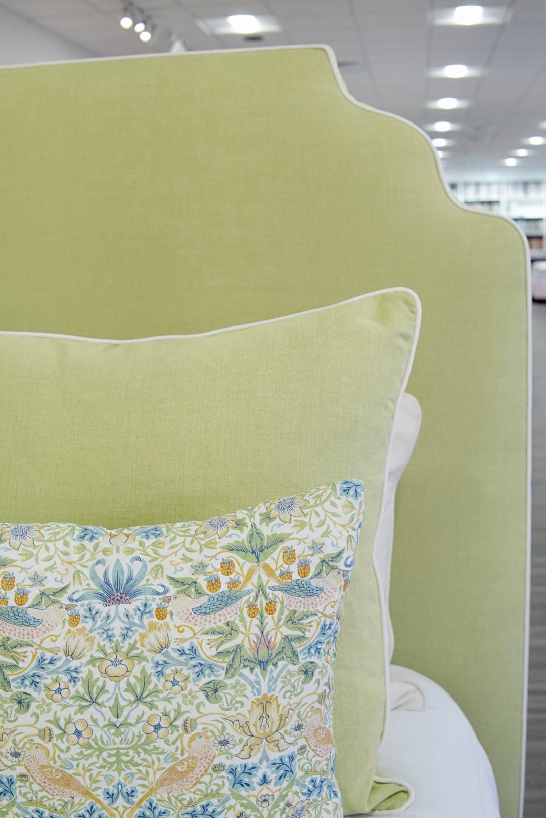 65”H Queen Upholstered Platform Bed - Pear Green Woven - White Trim